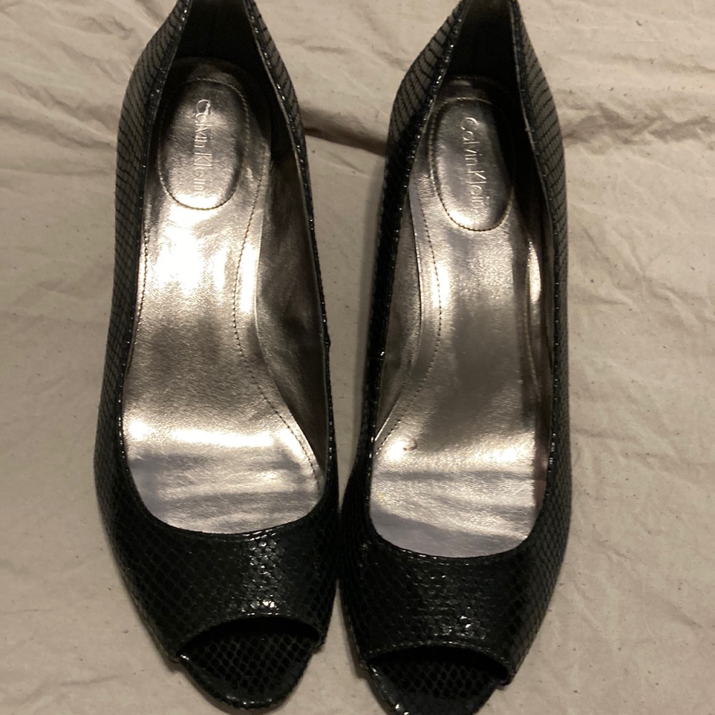 Black Python Print Wedge Shoes.